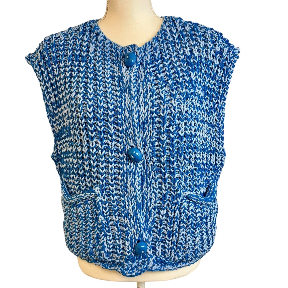 ZARA Blue White Chunky Knit Sweater Vest Cardigan Button Front Pockets Sz‎ L - Picture 6 of 12